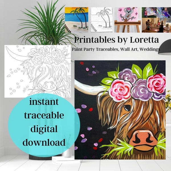 DIY Paint Party Kit Instant Download Highland Cow , Includes Photo, Tracer to predraw canvas, How to Paint instructions, supply list, Farm