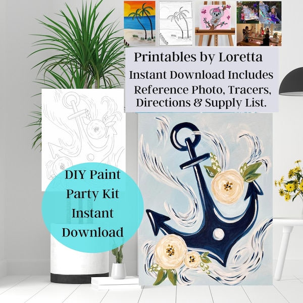 DIY Paint Party Kit Instant Download, Anchors Away, reference photo, tracer, instructions, supply list, kids art, Coastal art, Ships, Beach