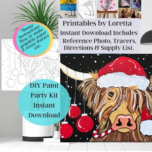 Zestaw DIY Paint Party do pobrania natychmiast Christmas Highland Cow zawiera zdjęcie, rysunek kreślarski, listę materiałów, wskazówki, informacje dodatkowe, farbę i wino