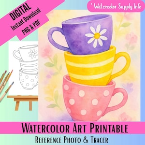 Könnte beinhalten: Aquarell-Kunstdruck mit drei gestapelten Teetassen in Lila, Gelb und Rosa. Die lila Tasse hat eine Gänseblümchen, die gelbe Tasse hat Streifen und die rosa Tasse hat weiße Tupfen. Der Text "DIGITAL Instant Download PNG & PDF" und "WATERCOLOR ART PRINTABLE" ist enthalten.