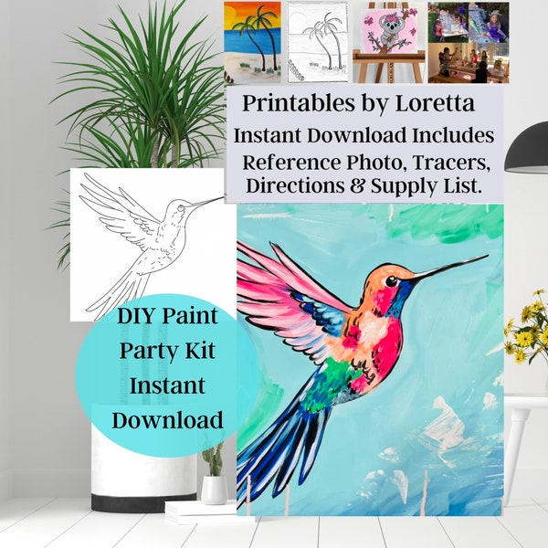 DIY Paint Party Kit Instant Download, Hummingbird includes reference photo, tracer, instructions, supply list, paint & sip Pre-drawn canvas