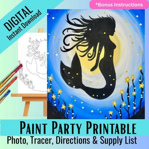 Zestaw DIY Paint Party do pobrania natychmiast Midnight Mermaid, zdjęcie referencyjne, śledzący, instrukcje, lista materiałów, Paint and Sip, pomysły na malowanie
