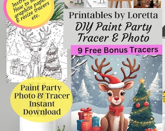 May include: A collection of printable DIY paint party tracers and photos. The image features a cartoon reindeer wearing a Santa hat and scarf, surrounded by wrapped gifts and a decorated Christmas tree. Text includes "Paint Party Photo & Tracer Instant Download."