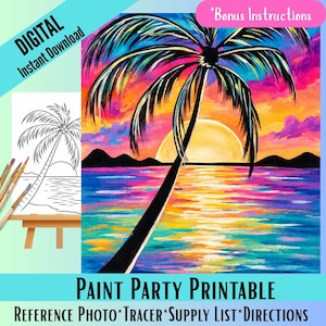 May include: A vibrant digital painting of a tropical sunset with a palm tree silhouette. The sky blends pink, orange, and blue hues, reflecting on the water. Includes the text "PAINT PARTY PRINTABLE" and "DIGITAL Instant Download".