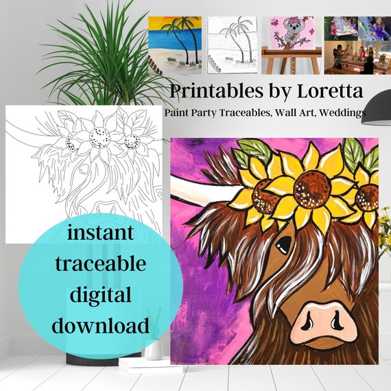 DIY Paint Party Kit Instant Download, Includes Tracer, Instructions, Supply  List,farm, Animal, Kids Art, Highland Cow Sunflower, 