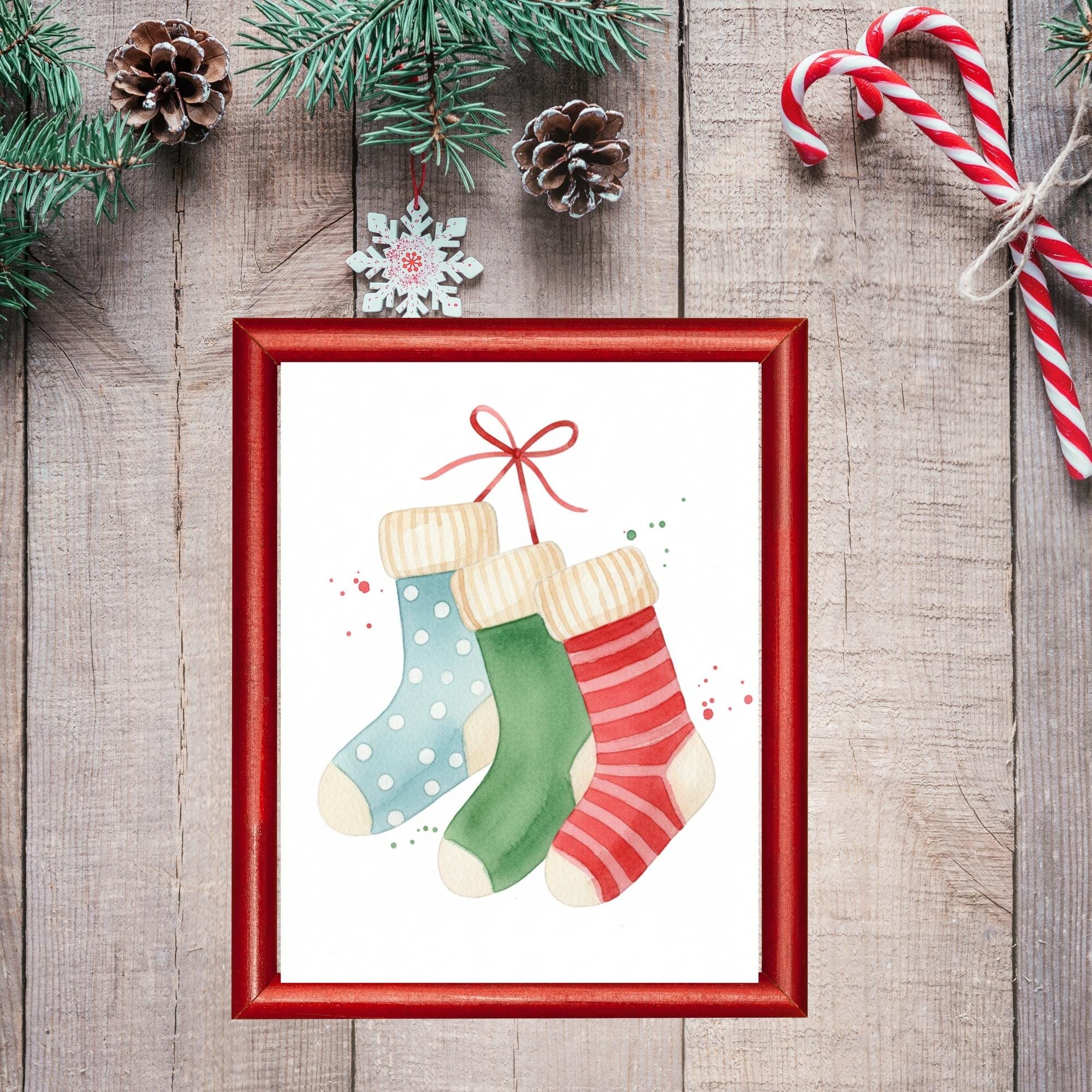 冬のクリスマスストッキングの水彩画テンプレートキット（トレーサーと写真、水彩画用品情報付き）（デジタルダウンロード） - Etsy 日本, image size:2000x2000