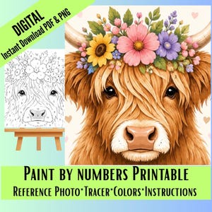 Highland Cow Paint by Numbers Printable, Floral Crown, Beginner Friendly (Digital Download)