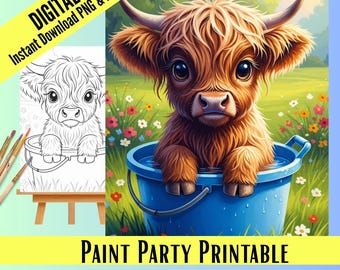 Highland Cow Paint Party Kit: Bauernhof Kinderzimmer Kunst (Digitaler Download, Leuchtspur & Ref.-Foto)
