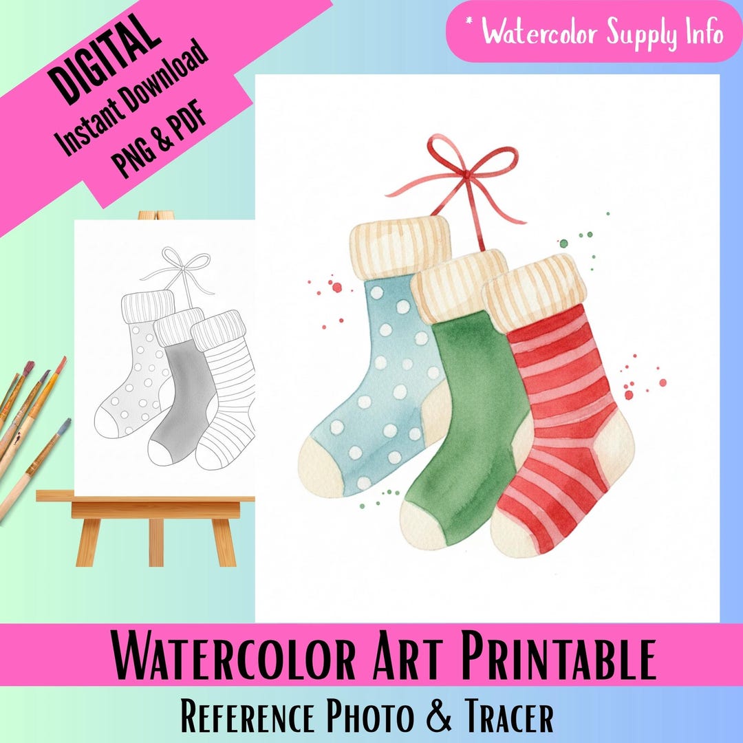 冬のクリスマスストッキングの水彩画テンプレートキット（トレーサーと写真、水彩画用品情報付き）（デジタルダウンロード） - Etsy 日本, image size:1080x1080
