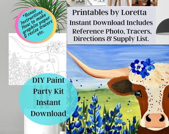 Longhorn Cow Paint Party Kit: DIY Farm Art (Digital Download)Photo, tracer , supply list and instructions.