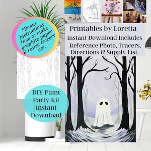 Zestaw DIY Paint Party do natychmiastowego pobrania Halloween Ghost Forest zawiera Tracer, instrukcje krok po kroku i listę materiałów, a także dodatkowe instrukcje