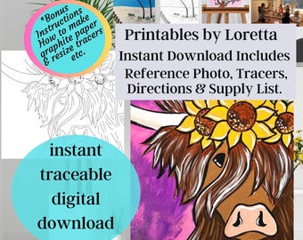 Highland Cow Sunflower Paint Party Kit: Traceable Canvas (Digital Download)
