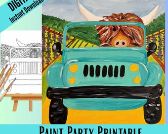 Highland Cow Jeep Vineyard DIY Paint Party Kit: Printable Rustic Decor (Digital Download)Photo, tracer , supply list and instructions.