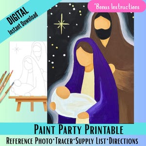 Puede incluir: Un imprimible digital para una fiesta de pintura que representa una escena de la Natividad. La imagen incluye una pintura terminada con una madre sosteniendo a un bebé y dos figuras en el fondo. El texto dice "DIGITAL Instant Download" y "Paint Party PRINTABLE".