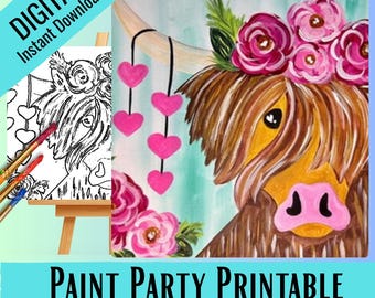 Highland Cow Paint Party Kit: Hearts & Flowers (Digital Download)