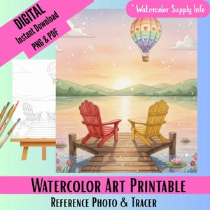 May include: Watercolor art printable featuring a serene lake scene with a red and yellow Adirondack chair on a wooden dock. A colorful hot air balloon floats above the water, with the text "Watercolor Art Printable" and "Digital Instant Download".