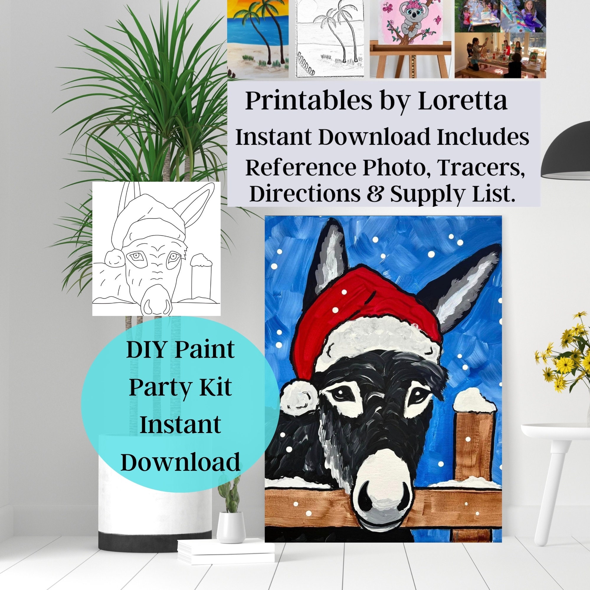DIY Paint Party Kit Instant Download Christmas Donkey, Farm Christmas Paint  & Sip , Tracer, Step by Step Instructions, Supply List, Kids Art 