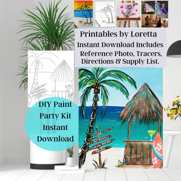 DIY Paint Party Kit Instant Download, includes photo, tracer, instructions, supply list, Pre drawn canvas, Beach Time, Surf board, Tiki