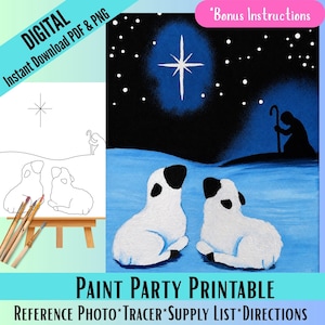 May include: A digital paint party printable featuring a nativity scene with two white lambs in the foreground, a shepherd silhouette, and a bright star in a dark blue night sky. Includes a line art tracer, reference photo, and supply list.