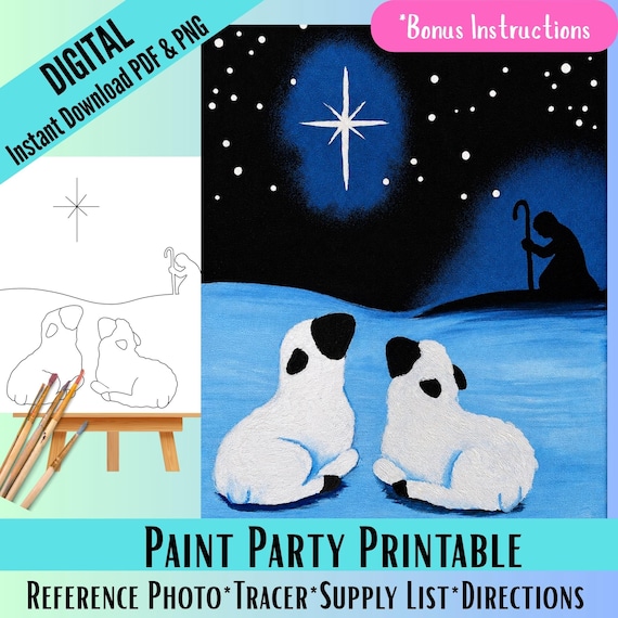 Shepard Watching Sheep under the Christmas Star Paint Party Kit:  (Digital Download, PDF, PNG)Photo, tracer , supply list and instructions.