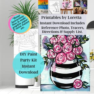 Zestaw DIY Paint Party do natychmiastowego pobrania Wazon kwiatów zawiera zdjęcie, kalkę, instrukcję, listę materiałów, informacje dodatkowe, naucz się malować, łatwa sztuka