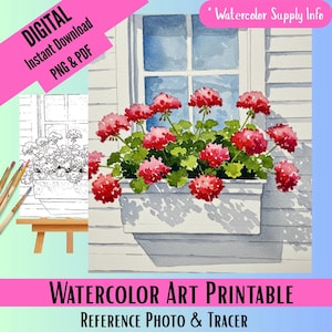 May include: A watercolour painting of a window with a white windowsill and a planter box filled with red geraniums. The window is open and the sky is visible through the window. The painting is on a white background.