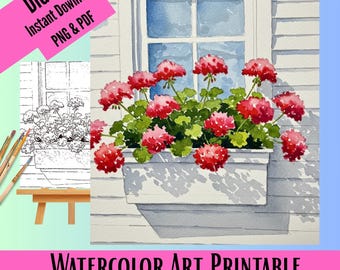 Watercolor Template Geraniums in Window  Instant Download , Tracer, photo, Bonus Supply list for Watercolor materials, PNG & PDF,  Italy