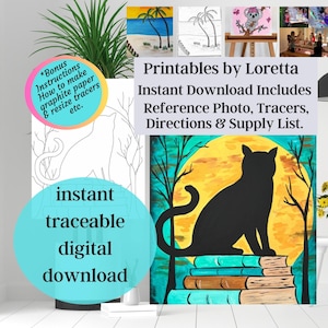 DIY Paint Party Kit Sofortdownload Cat & Moon Halloween Farbe und Schluckparty, Foto, Tracer, Anleitung, Materialliste, Bonus-Informationen