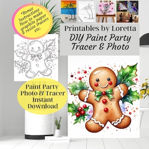 Puede incluir: Ilustración en acuarela de un hombre de jengibre decorado con acebo y bayas, parte de un conjunto de Fiesta de Pintura DIY. El texto en la imagen dice "Printables by Loretta" y "Paint Party Photo & Tracer Instant Download".