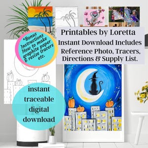 DIY Paint Party Kit Sofortiger Download Halloween City Cat enthält Foto, Tracer, Anleitung, Materialliste, Bonus Info, Kids Paint Party!