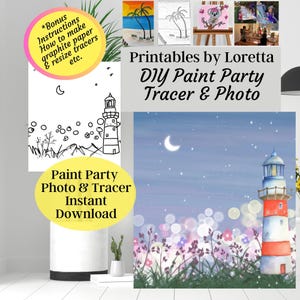 Könnte beinhalten: Ein digitaler Download für eine DIY-Malkparty mit einem Leuchtturm und Blumen. Das Bild enthält eine Schwarzweiß-Zeichnung der Szene und eine Vollfarbversion. Der Text "Printables by Loretta DIY Paint Party Tracer & Photo" befindet sich oben im Bild.