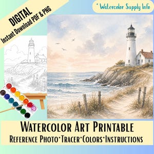 May include: Watercolor art printable featuring a coastal lighthouse scene. The image includes a color painting, a line drawing, and a watercolor paint set. Text on the image reads "DIGITAL Instant Download PDF & PNG" and "WATERCOLOR ART PRINTABLE REFERENCE PHOTO*TRACER*COLORS*INSTRUCTIONS."