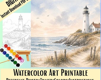Lighthouse Watercolor Printable Set, Ocean scene Wall Art,Instant Download,Template: Painting Tracer, Step by Step Directions (PNG & PDF )