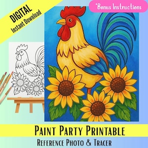 Op de afbeelding: Een printbare verfparty-referentiefoto en tracer met een gele haan met een rode kam en blauwe staartveren die voor drie gele zonnebloemen met bruine centra staat. De afbeelding is op een blauwe achtergrond.