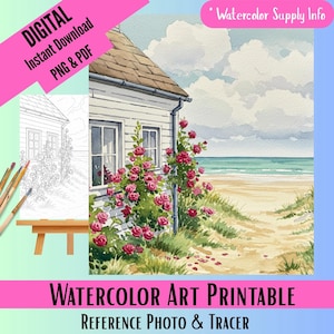 May include: Watercolor painting of a white cottage with a rose bush in front of it. The cottage has a brown roof and two windows. The rose bush is in bloom and has pink flowers. The cottage is on a beach with a blue ocean in the background. The sky is blue with white clouds. The painting is a digital download and includes a reference photo and a tracer.