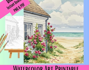 Watercolor Template Beach Cottage Instant Download , Tracer, photo, Bonus Supply list for Watercolor materials, PNG & PDF, Painting Ideas