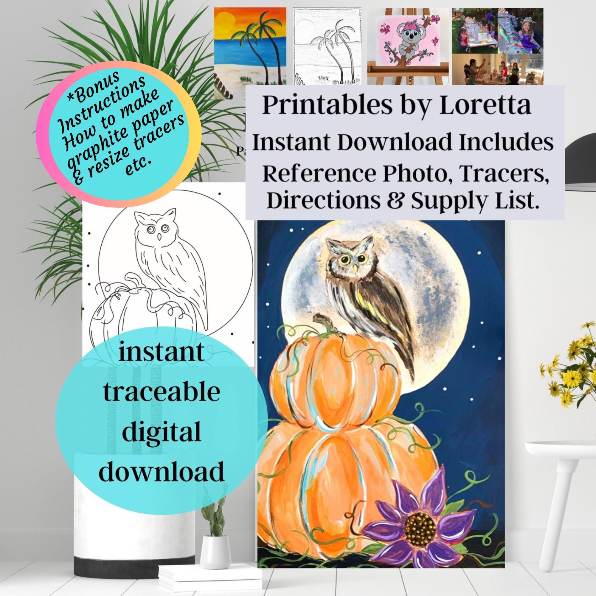 Harvest Owl Paint Party Kit: Pumpkins, Photo, tracer , supply list and instructions. (Digital Downlo