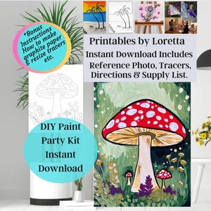 Zestaw DIY Paint Party do pobrania natychmiast Mushroom Toadstool, zawiera zdjęcie, znacznik, instrukcję, listę materiałów, Cottage Core, Sip N Paint, Bonus