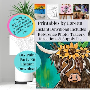 Zestaw DIY Paint Party do pobrania natychmiast Highland Cow Sunflowers zawiera zdjęcie, znacznik, listę materiałów, instrukcje, informacje dodatkowe, DIY Learn to Paint