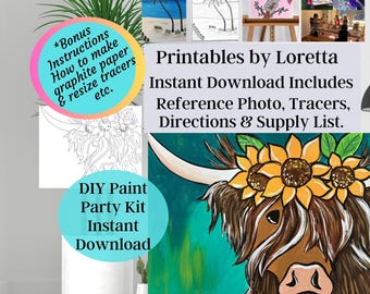 Highland Cow Sunflower DIY Paint Party Kit (Digital Download)Photo, tracer , supply list and instructions.