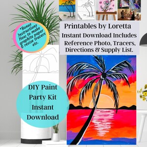 DIY Paint Party Kit Sofortiger Download, Sonnenuntergang Palme, Referenzfoto, Tracer, Anleitung, Zubehörliste, Farbe und Schluck, Winterurlaub