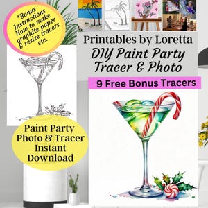 May include: Printables by Loretta DIY Paint Party Tracer & Photo. The image features a watercolor painting of a cocktail with a candy cane, holly, and a peppermint candy. The image also includes a black and white sketch of a cocktail and text that says "Instant Download".
