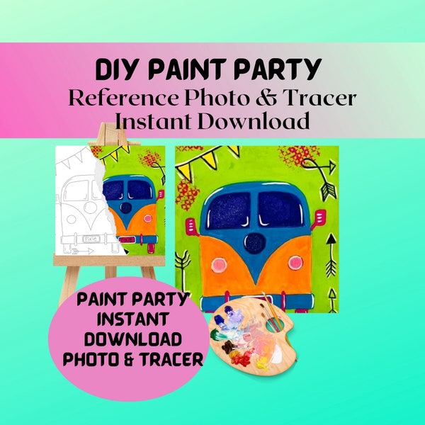 DIY Paint Party Kit Instant Download VW Van 1960's, Groovy Paint & Sip party,**Tracer and Reference photo Only** DIY Craft