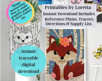 Fox in Birch Tree Paint Party Kit: Traceable Art, Instructions (Digital Download)
