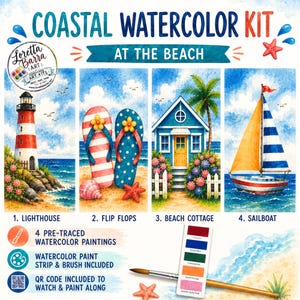 May include: A coastal watercolor kit featuring four beach-themed paintings: a red and white lighthouse, striped and polka-dot flip-flops, a blue beach cottage, and a sailboat. Includes a paint strip with six colors, a paintbrush, and a QR code.