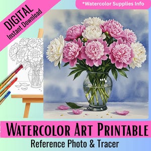 Puede incluir: Una foto de referencia y un trazador de arte acuarela imprimibles digitales que muestran un ramo de peonías rosas y blancas en un jarrón de vidrio transparente. La imagen está sobre un fondo azul claro.