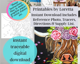 Highland Cow Paint Party Kit: Traceable DIY Art (Digital Download)Photo, tracer , supply list and instructions.