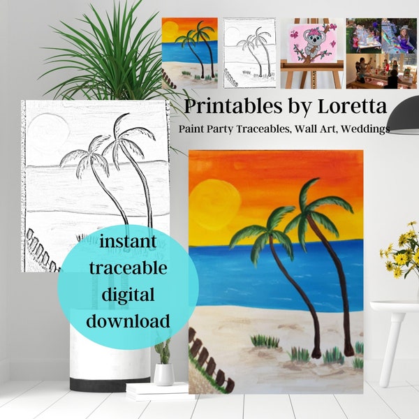 DIY Paint Party Kit Instant Download Palm Trees at Beach, Photo, tracer, instructions, supply list, paint and sip,Sunset, ocean, Beach