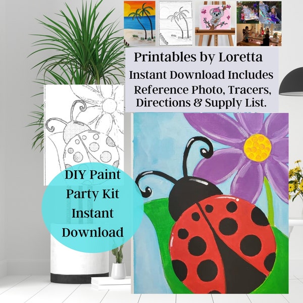 DIY Paint Party Kit Instant Download Lady Bug on Daisy Flower includes Photo,  tracer, instructions supply list, kids art, paint and sip,