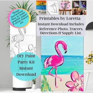 Zestaw DIY Paint Party Kit do pobrania w trybie natychmiastowym Pink Flamingo, zawiera zdjęcie, rysunek do wstępnego narysowania płótna, instrukcje i listę materiałów, pomaluj i napij się